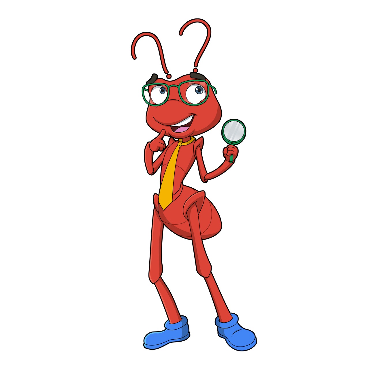 Anne Sure, the Curious Ants mascot, holding a magnifying glass